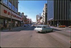 Reno, Nevada in the summer of 1972. Two blocks down Virginia St. from the corner of First we see the second version of the "Reno Arch," this one installed in 1963 and replaced with the current one in 1987. This is another Kodachrome slide from a small trove we recently found at my friend's house. This time you'll look in vain for me in funny clothes, because I wasn't along on this trip. View full size.