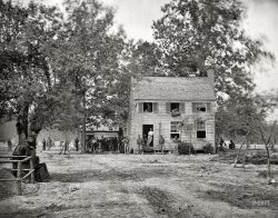 June 1862. "Fair Oaks, Virginia. Frame house on Fair Oaks battlefield used by Hooker's Division as a hospital." Wet plate negative by James F. Gibson from the main Eastern theater of war, the Peninsular Campaign. View full size.