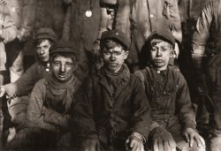 January 1911. "Group of boys working in No. 9 Breaker. Pennsylvania Coal Co., Hughestown Borough, Pittston, Pennsylvania. Smallest is Sam Belloma, Pine Street." Photograph by Lewis Wickes Hine for the National Child Labor Committee. View full size.