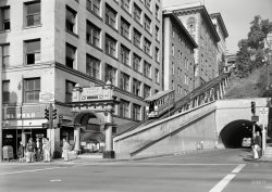 October 2, 1960 "Lower station, 'Angels Flight,' Third & Hill streets, Los Angeles. Last remaining cable railway in the City of Los Angeles." 5x7 acetate negative by Jack Boucher for the Historic American Buildings Survey. View full size.