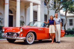 &nbsp; &nbsp; &nbsp; &nbsp; UPDATE: The Ronald Balcoms at "Windsong," their home in Palm Beach.
"Florida -- couple with car, Roney Balcom, 1954" is all it says here. The car being a 1955 Thunderbird. 35mm Kodachrome by the fashion photographer Toni Frissell. View full size.
