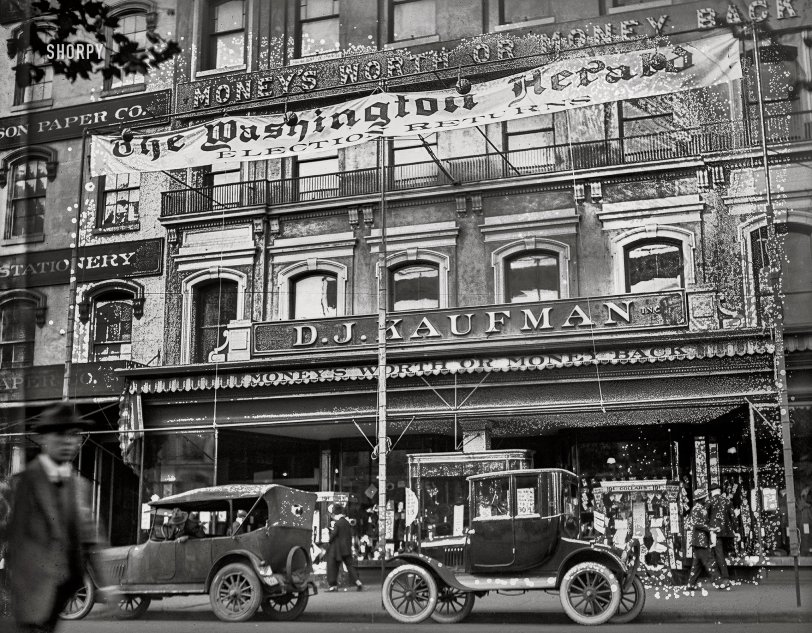 Election Screen: 1920 November 1920. Washington, D.C. "Washington Herald election screen." The screen being white sheets hung from this frame on election night, with wire-service voting results projected onto them from a stereopticon -- a practice dating back at least to the 1890s in cities across the United States, and which gradually died out with the advent of broadcast radio. Mold-flecked 4x5 inch glass negative from the National Photo Company Collection. View full size.