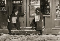 March 1909. Hartford, Connecticut. "9:30 P.M. A common case of 'team work.' Smaller boy (Joseph Bishop) goes into saloon and sells his last papers. Then comes out and his brother gives him more. Joseph said, 'Drunks are me best customers. I sell more'n me brudder does. Dey buy me out so I kin go home.' He sells every afternoon and night. Extra late Saturday. At it again at 6 A.M. Sunday." Photo by Lewis Wickes Hine for the National Child Labor Committee. View full size.