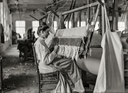 November 1908. "Woman at beam warper. Melville Mfg. Company, Cherryville, North Carolina." 5x7 glass negative by Lewis Wickes Hine. View full size.