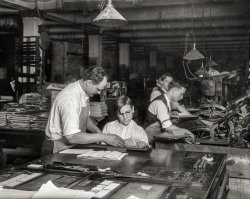 February 1917. "Horace Lindfors, 14-year-old printer's helper, sizing up leads for Riverside Press, First Avenue, New York City." 5x7 inch glass negative by Lewis Wickes Hine for the National Child Labor Committee. View full size.