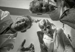July 1954. "Doctor's office from the point of view of a woman suffering from schizophrenia." 35mm acetate negative from photos for the Look magazine assignment "Step into the world of the insane." View full size.