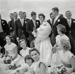 "Jacqueline Bouvier and John F. Kennedy at their wedding, September 12, 1953, Newport, Rhode Island." Acetate negative by Toni Frissell. View full size.
