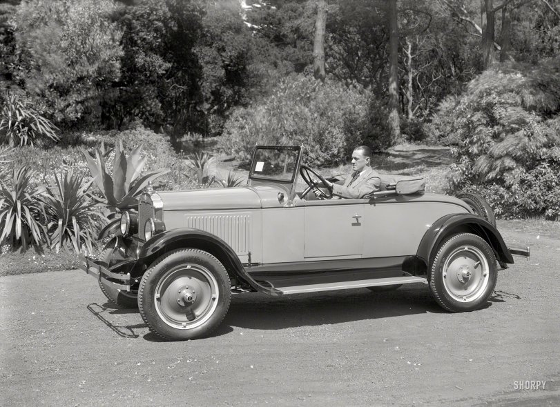 The New Olds: 1927 San Francisco, 1927. "Oldsmobile roadster at Golden Gate Park." Latest listing in the Shorpy Catalogue of Jaunty Jalopies. 5x7 glass negative. View full size.