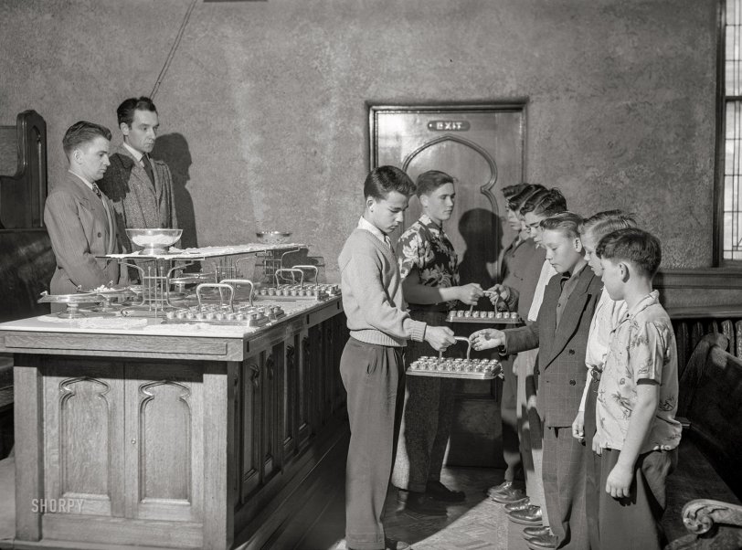 Mormon Boys: 1950 October 1950. Salt Lake City, Utah. "Mormon boys receiving Communion." Acetate negative from photos by Jim Hansen for the Look magazine assignment "Mormons: We Are a Peculiar People," written by Lewis W. Gillenson. View full size.