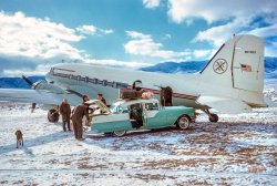 November 1958. "Waterfowl hunting (Nevada) -- Mr. and Mrs. Stanwood Murphy of San Francisco." The man at left is legendary restaurateur "Trader Vic" Bergeron; the DC-3 belongs to Albert Stanwood Murphy (1892-1963), president of Pacific Lumber & Truss. 35mm Kodachrome by Toni Frissell for the Sports Illustrated assignment "Shooting: California Waterfowl Hunting; Upland Game Birds in Nevada." View full size.