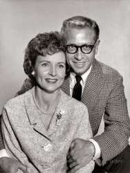 &nbsp; &nbsp; &nbsp; &nbsp; Apropos of nothing in particular, we present this press-release photo of newlyweds Betty White and Allen Ludden.
1963. "Allen Ludden and Betty White, co-starring in Lerner & Loewe's hit musical Brigadoon, at the Gladiators Music Arena in Totowa, N.J., now through Sunday, July 14." View full size.