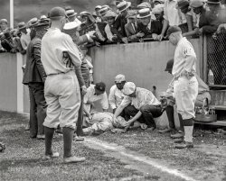 "Babe Ruth knocked out, 7/5/24. Nationals salvage split of doubleheader as Ruth crashes into wall (Yankees 2, Nats 0; Nats 7, Yankees 2). Babe Ruth was knocked unconscious after he ran into a concrete wall at Griffith Stadium, Washington, D.C., while trying to catch a foul ball on July 5, 1924." View full size.