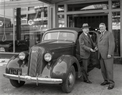 September 3, 1935. "Pontiac at H.O. Harrison Co., 1625 Van Ness Avenue, San Francisco. Harrison (right) and Howard." Today's excerpt from the Shorpy Annals of Annulled Autos. 8x10 inch Eastman Kodak nitrate negative, late of the Wyland Stanley and Marilyn Blaisdell collections. View full size.