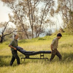 March 1969. Pacific Palisades, California. "Soft Aluminum Group and chaise at the house (Dick Donges and Keith Hall carrying Eames lounge chair in a grassy field)." Color transparency from the Office of Charles and Ray Eames. View full size.