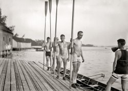 "Yale Varsity 4 at boathouse (1913)." As for whatever the coxswain is calling out, you can fill in the blanks in the comments below. 5x7 inch glass negative, Bain News Service. View full size.