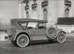 San Francisco circa 1924. "Hudson Super Six touring car at Spreckels Mansion." Plucked from the Shorpy Pantheon of Pharaonic Phaetons. Our title comes from the slogan on the car's gigantic Miller Cord tires. 5x7 glass negative by Christopher Helin. View full size.