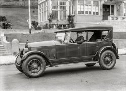San Francisco circa 1925. "Cole Aero Eight Series 890 touring car on Gough Street." This was the final year for both the marque and its founder, Joseph J. Cole, who died in August 1925. 5x7 inch glass negative by that automotive amanuensis Christopher Helin. View full size.