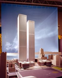 1976. "World Trade Center, New York, New York. Model showing towers. Minoru Yamasaki, architect." 4x5 inch color transparency, Balthazar Korab Studio. View full size.