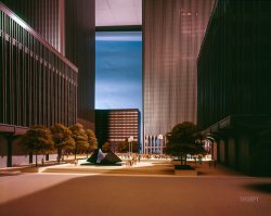 1976. "World Trade Center, New York. Model showing towers and plaza. Minoru Yamasaki, architect." 4x5 inch color transparency, Balthazar Korab Studio. View full size.