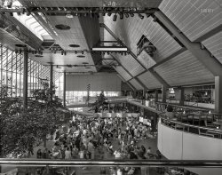 Columbus, Indiana, 1973. "Commons Courthouse Center. Interior view of shopping mall atrium with trees, walkways and crowd. Architect: César Pelli, Victor Gruen Associates." View full size.