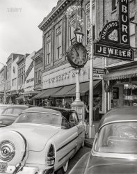December 1955. Columbus, Georgia. "Christmas decorations on Broadway." 4x5 inch acetate negative from the Shorpy News Photo Archive. View full size.