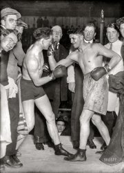 April 3, 1914. San Francisco (Daly City). "Jim Clabby & Bill Murray." Middleweight champion "Jimmy" Clabby and "Billy" Murray, who fought to a draw after 20 rounds. 5x7 inch glass negative, Bain News Service. View full size.