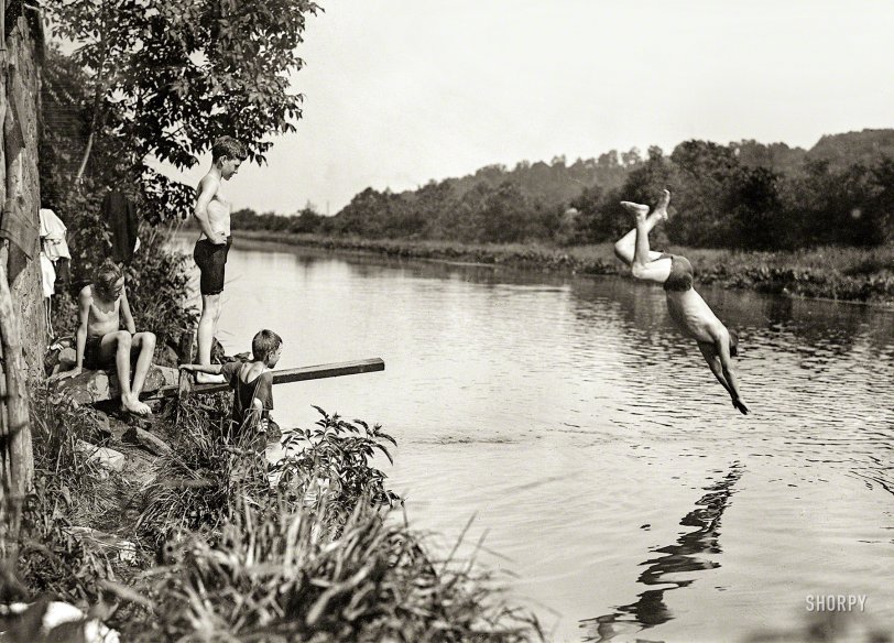 Cowabunga: 1915 Washington, D.C. (vicinity) circa 1915. "Along the C&O Canal." This completes a trilogy started here 10 years ago (One, Two); now these boys can finally dry off and go home. National Photo Company Collection glass negative. View full size.