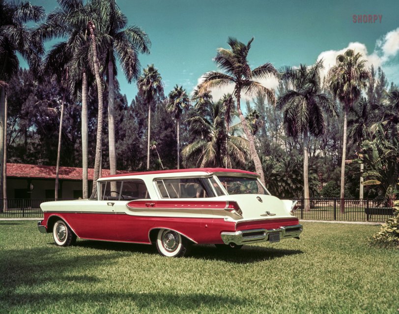Red Rover: 1957 "1957 Mercury Commuter at Hialeah Park racetrack, Miami." The rear vent wing in this 1956 photo of a prototype station wagon never made it to production. Color transparency from the Ford Motor Co. media archive. View full size.