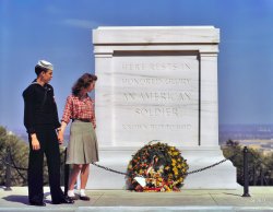 
HERE RESTS IN
HONORED GLORY
AN AMERICAN SOLDIER
KNOWN BUT TO GOD
May 1943. Arlington, Virginia. "Sailor and his girl at Tomb of the Unknown Soldier, Arlington National Cemetery." 4x5 inch Kodachrome transparency by John Collier for the Office of War Information. View full size.
