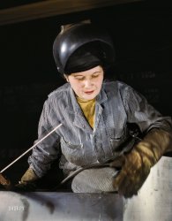 February 1943. "Enola O'Connell, age 32, widow and mother of one child, ex-housewife, now the only woman welder at Heil and Co., Milwaukee, maker of gasoline trailers for the Army Air Forces." Medium format Kodachrome by Howard Hollem for the Office of War Information. View full size.