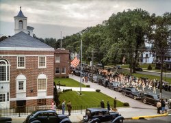May 1942. Southington, Connecticut. "An American town and its way of life. The Memorial Day parade moving down the main street. The small number of spectators is accounted for by the fact that the town's war factories did not close. The town hall is in the left foreground." Medium format Kodachrome transparency by Fenno Jacobs for the Office of War Information. View full size.