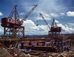 June 1942. "Tennessee Valley Authority -- construction cranes at Douglas Dam." Kodachrome transparency by Alfred Palmer. View full size.