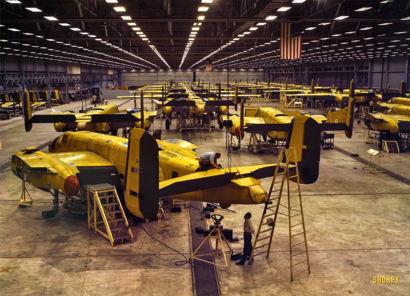 Stings Like a B: 1942 Time flies like B-25's. Another Kodachrome from the Early Days of Shorpy, enlarged and re-restored.
October 1942. "B-25 bomber assembly hall, North American Aviation, Kansas City." Kodachrome transparency by Alfred Palmer for the OWI. View full size.