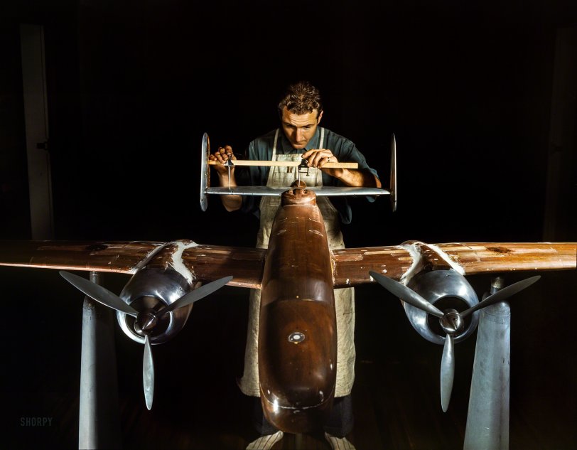The Wood Bomber: 1942 October 1942. "Preparing a model of the B-25 bomber for the wind tunnel at North American Aviation's plant at Inglewood, Calif." More here and here. Kodachrome transparency by Alfred Palmer for the Office of War Information. View full size.