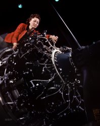 &nbsp; &nbsp; &nbsp; &nbsp; "Now I am become Death, the destroyer of worlds."
October 1942. "Woman at work on bomber motor, Douglas Aircraft Co., Long Beach, California." Kodachrome by Alfred Palmer, Office of War Information. View full size.