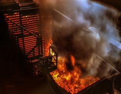 November 1942. "Hanna furnaces of the Great Lakes Steel Corporation, Detroit, Michigan. Coke being pushed into a quenching car." 4x5 inch Kodachrome transparency by Arthur S. Siegel for the Office of War Information. View full size.