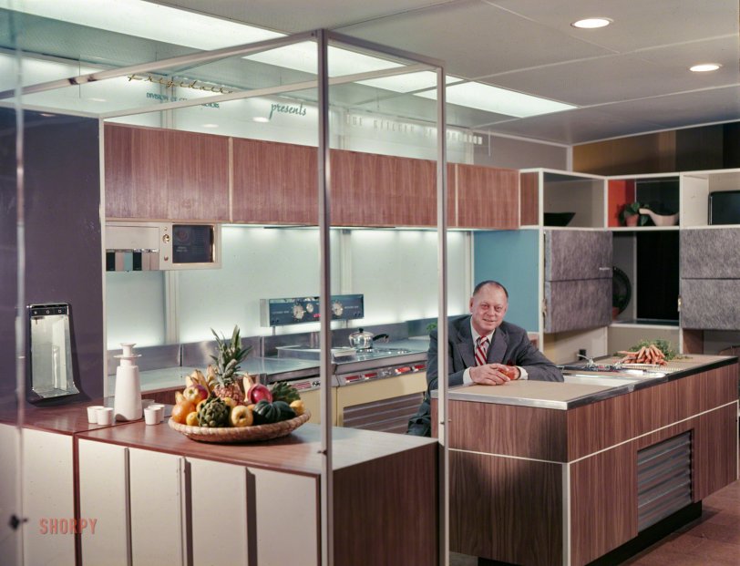 Kitchen of Tomorrow: 1954 1954. "Harley Earl, General Motors Vice President of Design, in Frigidaire's 'Kitchen of Tomorrow' exhibit for the GM Motorama at the Waldorf-Astoria Hotel in New York." Large-format color transparency. View full size.