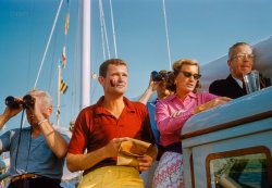 June 18, 1960. "Rowing, Harvard-Yale Regatta. Crew race at New London, Connecticut." Our host (far right) is Commodore Harold Stirling Vanderbilt, and we are aboard his 90-foot yacht the Versatile, last seen here. 35mm Kodachrome slide by Toni Frissell. View full size.