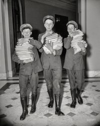 March 28, 1938. "Telegraphic protests against merger bill flood U.S. Senate. Extra messengers were needed today to deliver the thousands of telegrams protesting against the Government Reorganization Bill." 4x5 glass negative. View full size.