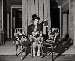 Washington, D.C. "Little businessman, what now? President Roosevelt's recent Little Business Men's Conference will come in for a bit of good-natured gibing at the Women's National Press Club Annual Dinner and Stunt Party at the Willard Hotel, Saturday, March 5. The ladies of the Administration, headed by Mrs. Roosevelt, will be honored guests at the party. Mrs. Dorothy Fletcher Howarth will impersonate Secretary Roper and the Little Business Men in the skit 'Nice Work If You Can Get It,' to be staged at the affair. Note: this photograph is for release to morning papers of Sunday, March 6, 1938." Harris & Ewing glass negative. View full size.