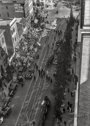 Washington, D.C. -- From around 1918-1922 comes this uncaptioned aerial view of firefighting equipment (and ginkgo trees) on H Street N.W. near the intersection with 14th Street. Who can tell us what happened here? 5x7 inch glass negative by Harris & Ewing. View full size.

&nbsp; &nbsp; &nbsp; &nbsp; UPDATE: Thanks to the excellent detective work of Shorpy member Notcom, we can now say that this photo documents the aftermath of a fire at the American Forestry Association offices in the Maryland Building, 1408 H Street N.W., on the afternoon of Monday, October 13, 1919.