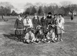 Washington, D.C., circa 1922. "Girls' field hockey group on the Ellipse, White House in background." 5x7 inch glass negative, Harris & Ewing Collection. View full size.