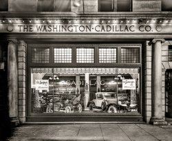 Washington, D.C., 1927. "Cadillac Motor Co. window." The Washington-Cadillac showroom on Connecticut Avenue. At left, a vintage Cadillac; at right, the new LaSalle, in the first year for Cadillac's "companion make." National Photo Company glass negative. View full size.