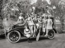 &nbsp; &nbsp; &nbsp; &nbsp; All of Washington is looking forward to the arrival of the famous Mack Sennett girls, who are due to reach this city in the near future, and who are to appear every day on the stage at one of the local theaters in conjunction with the much-heralded feature photoproduction "Yankee Doodle in Berlin." -- News item (Washington Post)
Washington, D.C., circa 1919. "Mack Sennett girls." An assortment of the theatrical impresario's "bathing beauties," last seen here. National Photo Co. View full size.