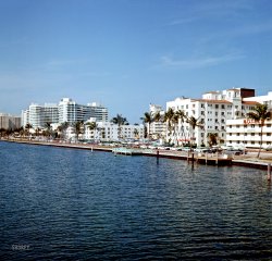 1964. "Miami Beach from Indian Creek." The Fontainebleau Hotel at left. Medium format color transparency, photographer unknown. View full size.