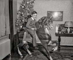 &nbsp; &nbsp; &nbsp; &nbsp; "Nice kid, but he's nine ponies short of a merry-go-round."

Washington, D.C., circa 1935. "NO CAPTION (boy on toy pony next to Christmas tree)." Harris & Ewing Collection glass negative. View full size.