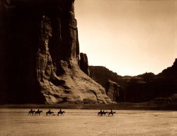 &nbsp; &nbsp; &nbsp; &nbsp; "May your trails be crooked, winding, lonesome, dangerous, leading to the most amazing view."
-- Edward Abbey, Desert Solitaire
1904. "Navajo riders in Canyon de Chelly, Arizona." Gelatin silver print by the ethnologist Edward Sheriff Curtis (1868-1952). View full size.
