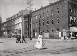 Washington, D.C., circa 1901. "View of G Street N.W., north side, looking west from Ninth Street." 5x7 inch glass negative, D.C. Street Survey Collection. View full size.