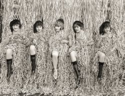 April 1918. "Five Mack Sennett girls provocatively posed amid serpentine confetti." Winners of the Shoscar® for Best Costume! Photo by Evans, L.A. View full size.