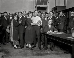 May 10, 1923. Washington, D.C. "Evelyn King, Fred W. Newman, Thelma Reese and W. Gately, marathon dancers, getting licenses to marry." The hoofers last glimpsed here. Harris & Ewing glass negative. View full size.